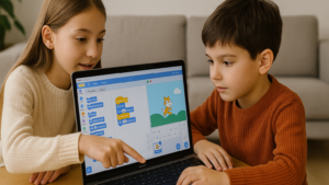 A young boy learning to code using Scratch on a laptop
